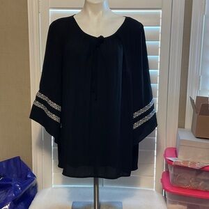 I.N. Studio Black Blouse with White Patterned Sleeves
